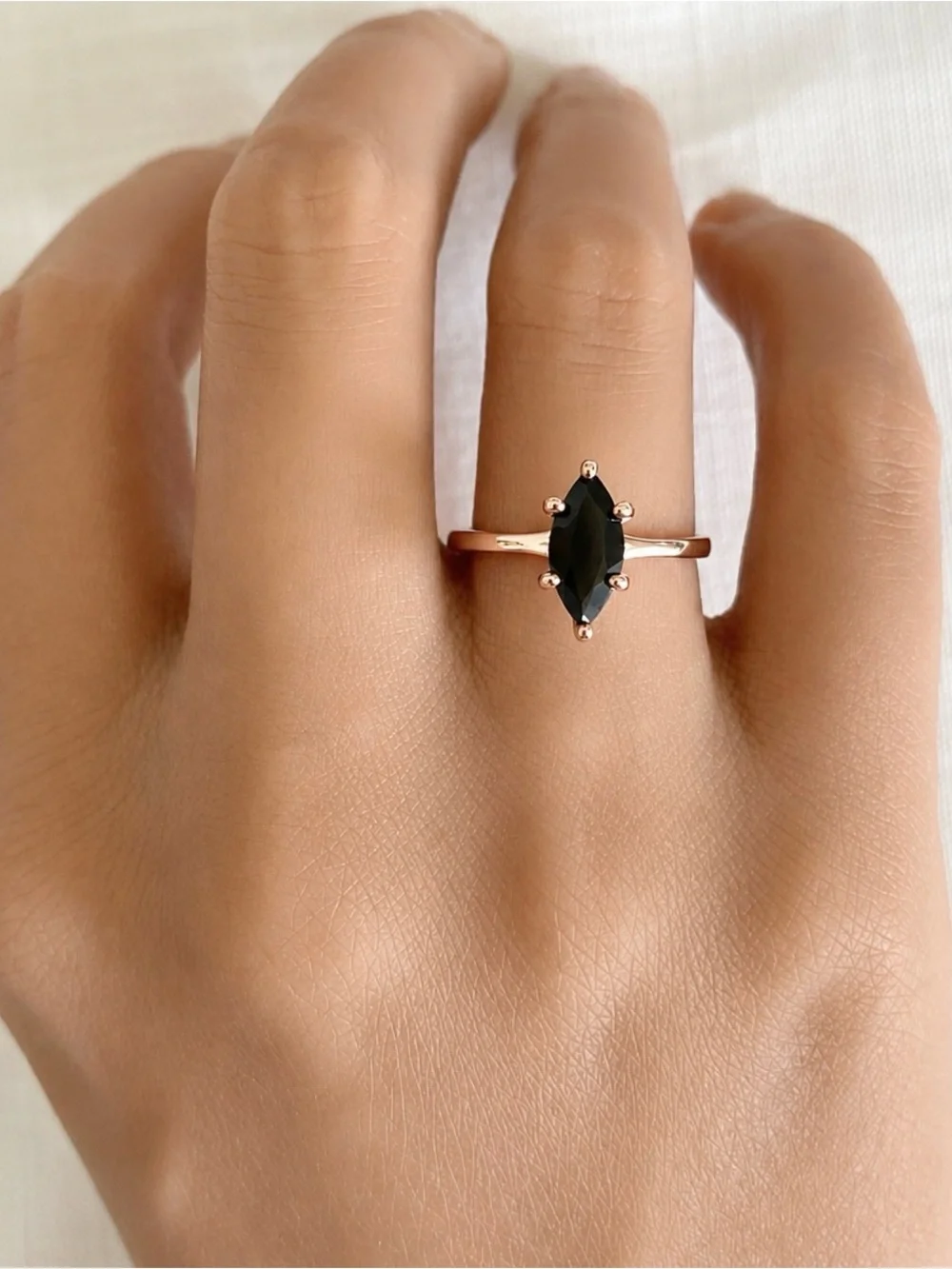 Rose Gold Black CZ Marquise Cut Solid Sterling Silver Solitaire Stackable Ring